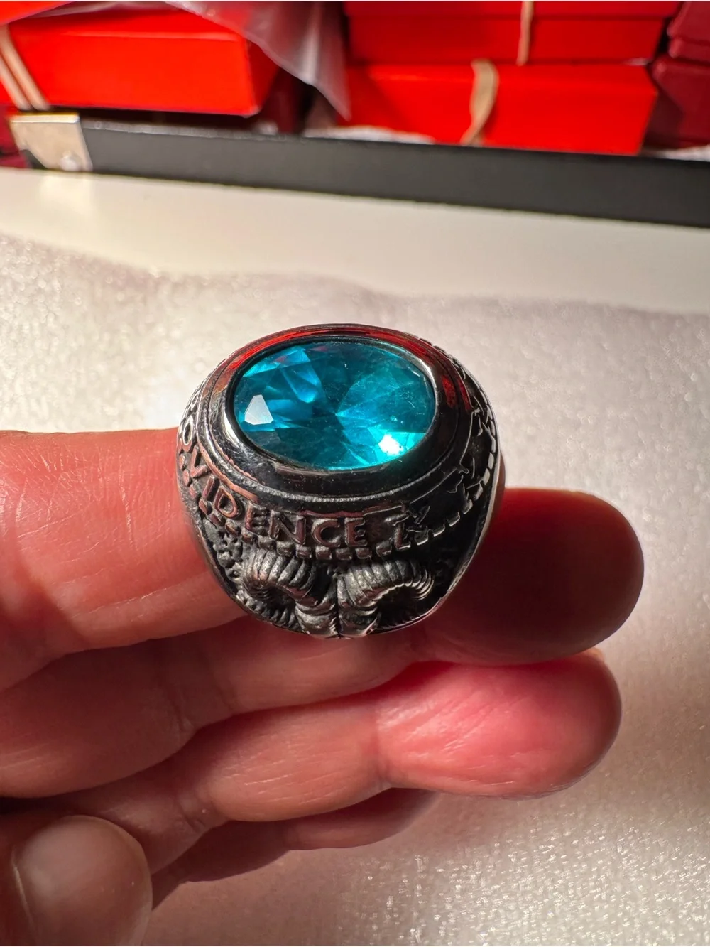 Men's Silver-Tone Ring with Bright Blue Gem and Ram Accent